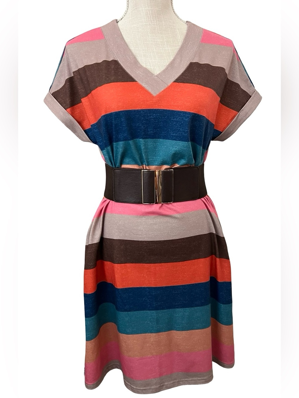 Striped V-Neck Belted Dress - Pink, Blue, Coral, Brown, and Orange